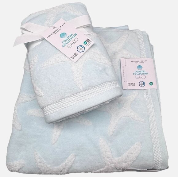4pc Caro Home Light Blue Starfish 2 Bath 2 Hand Towel Set Ocean Coastal Beach